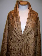 3yd FABULOUS COPPERY GOLD DUPPIONI FABRIC W/ SILK BRAID FLORAL DESIGN EMBROIDERY