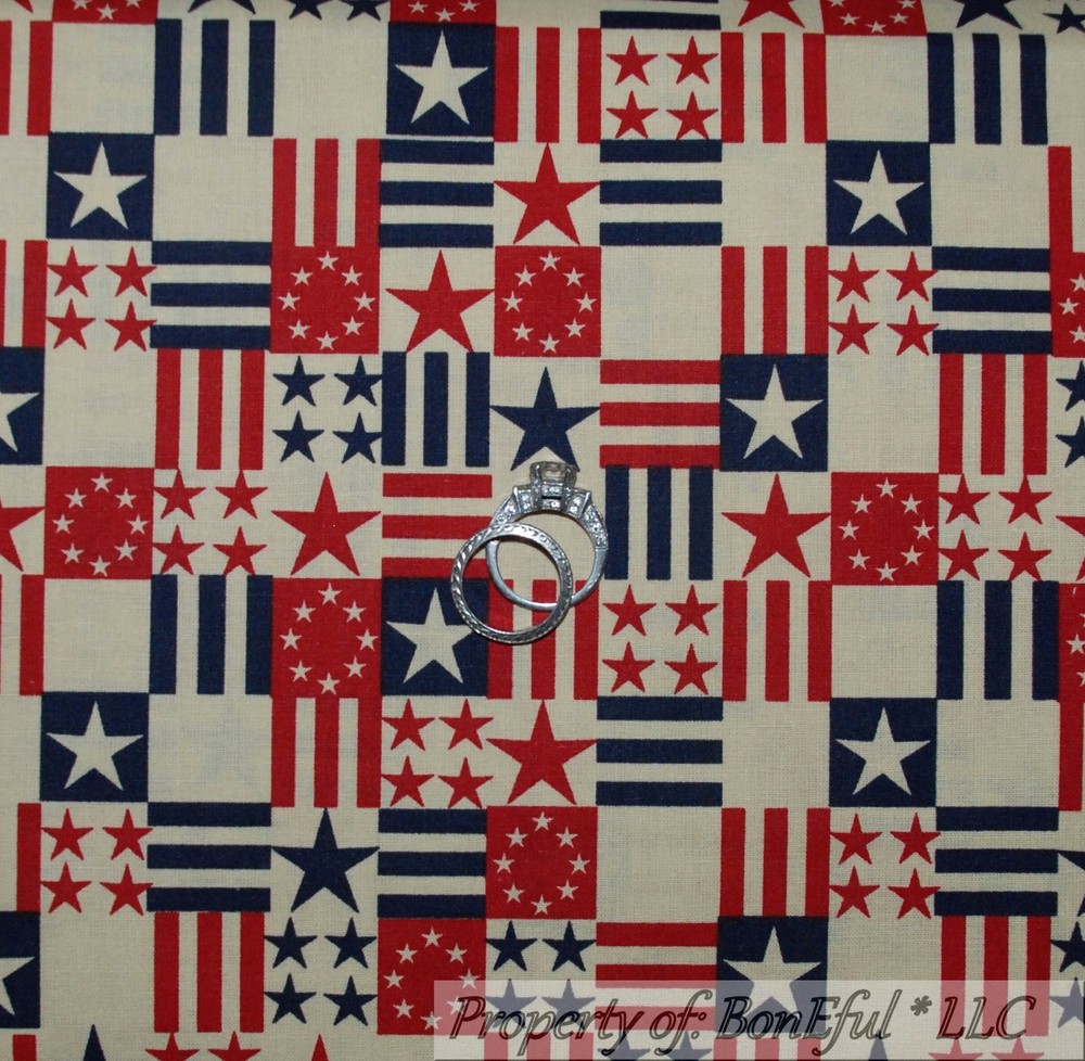 BonEful Fabric FQ Cotton Quilt Red Tan Blue American Patriot Stripe Star Check S