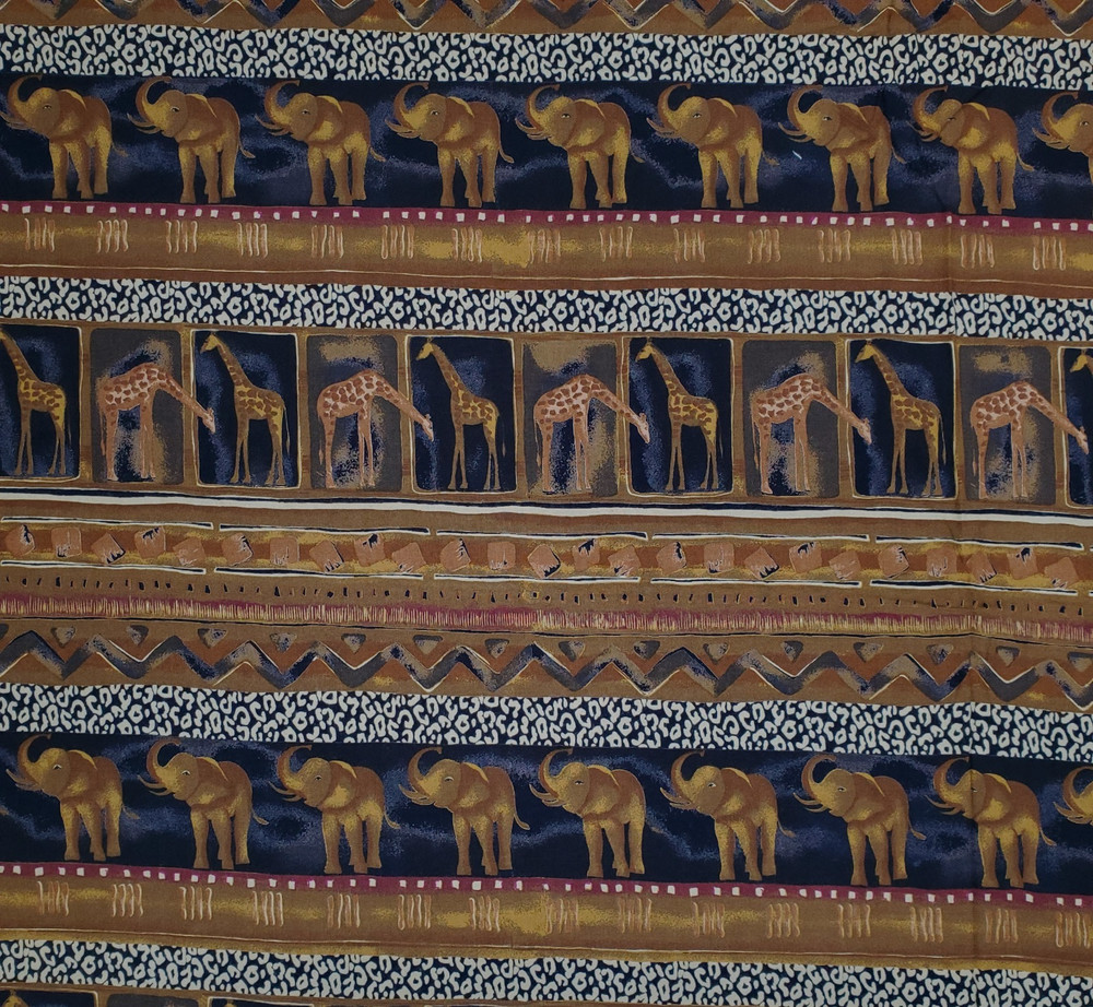 Rayon Challis Fabric Brown African Jungle Elephants Giraffes 2 Yards