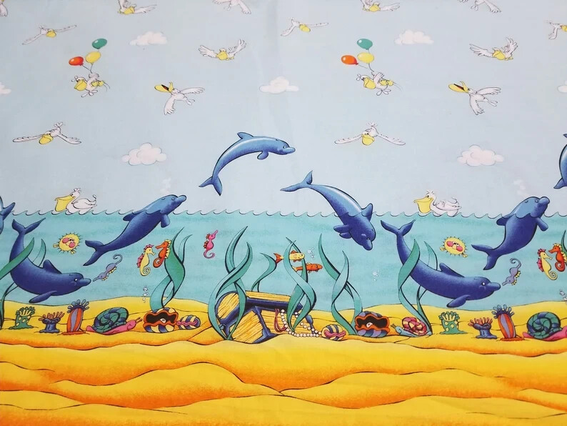 Dancing Dolphins Cotton Border Fabric MMFab Inc Novelty Remnant 21 ½” x 53”