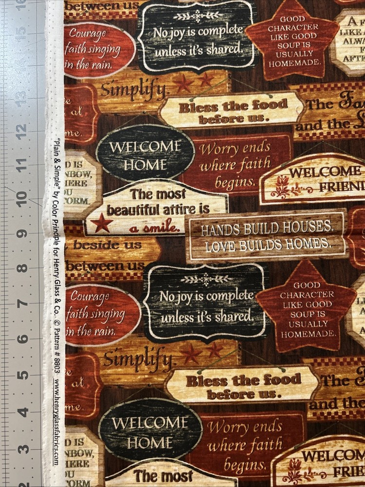 Plain & Simple Sayings FQ (18” x 22”) Henry Glass Cotton Fabric – New