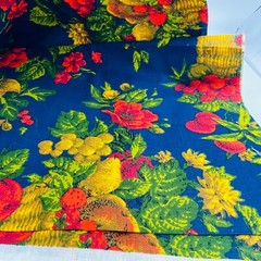 1+ Yard Vintage House N Home Fabrics Fruit Baskets Blue Red Bark Cloth Cotton