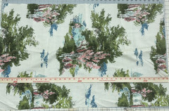 Mid-Century Landscape Pink Green Trees Blue Sky White Cotton Fabric 23″x36″ #55