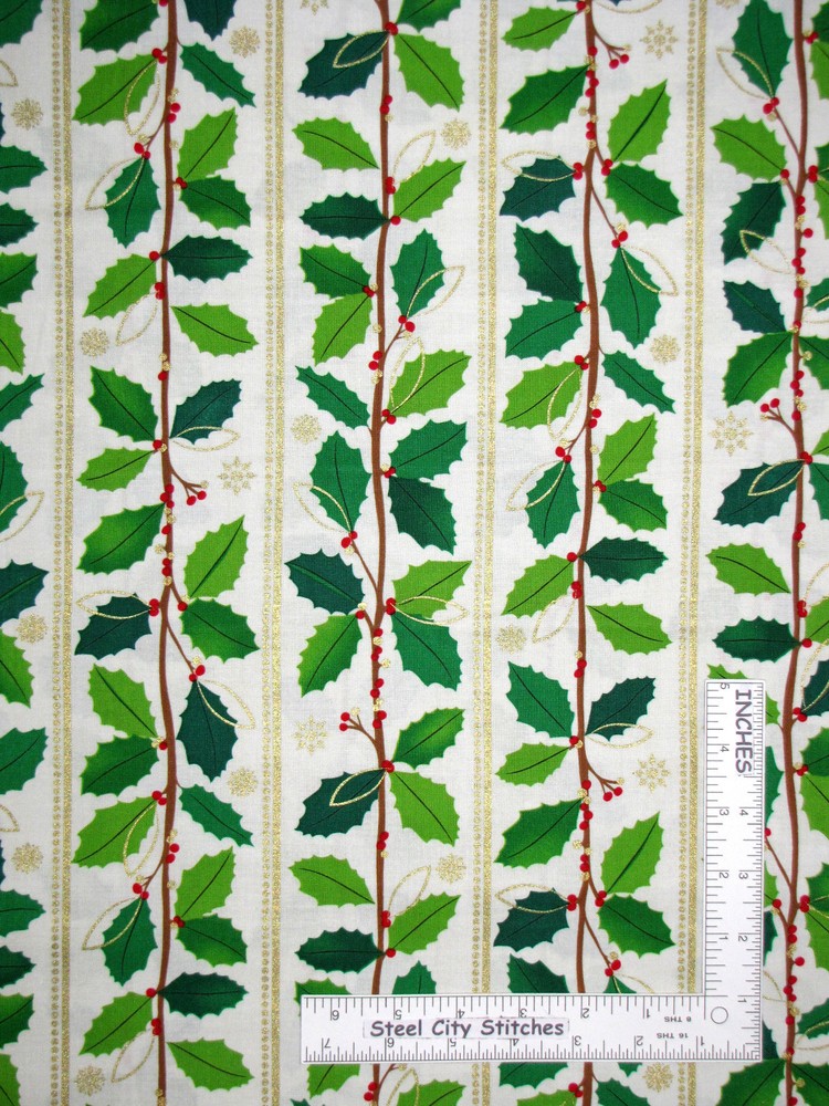 Christmas Green Holly Gold White Stripe Fabric Benartex Merry Bright By The Yard