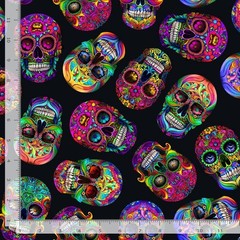 Day of Dead Fabric | Tossed Sugar Skull Black | Timeless Treasures YARD