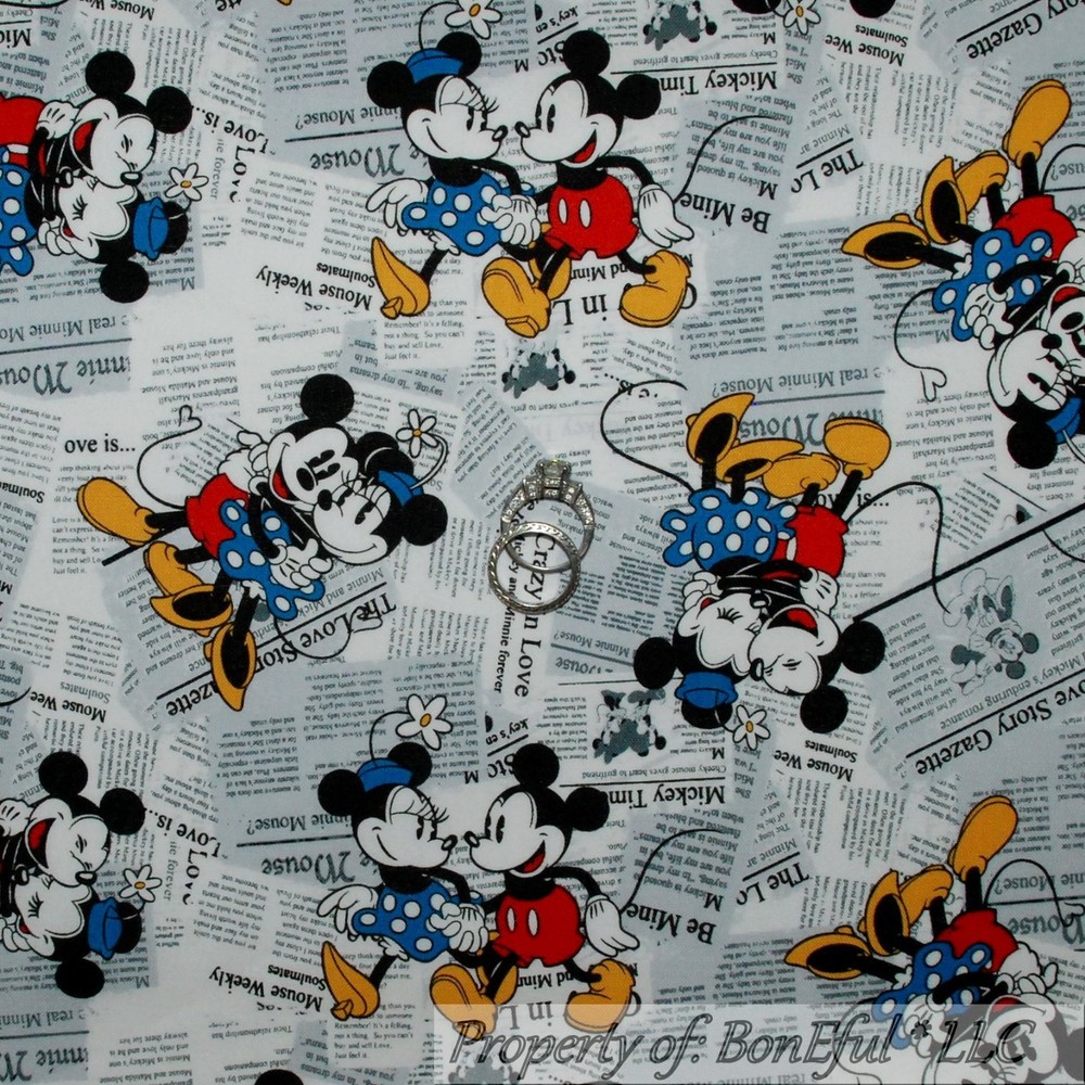 BonEful Fabric FQ Cotton Quilt B&W Red Dot Minnie Mickey Mouse Disney Newspaper
