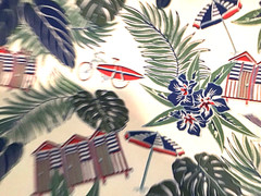 Coastal Outdoor fabric Beach Scenes Huts Palm Tropical Blue Green By The Yard