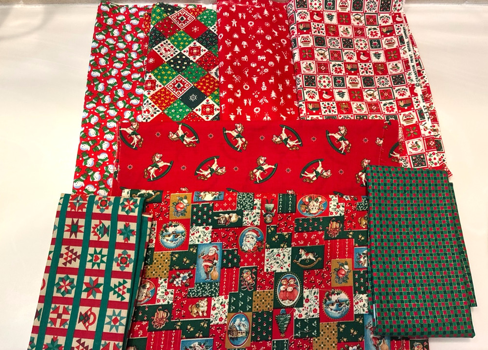 Lot of 8 Cotton Christmas Red Green Prints Fabric Bundle Totals 2 1/4 Yards