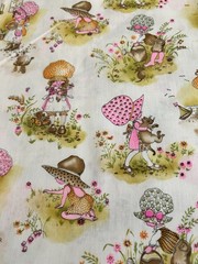 Vtg 70s Manes Cotton Blend Fabric Holly Hobbie Style Girls Pink Orange 2 Yds