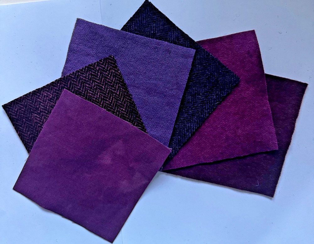 New Color! Hand Dyed Wool -appliqué/rug/hook (6) 4.5″ Charm Sq; Purple Harvest