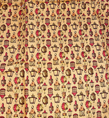 VTG Wamsutta Colonial Lanterns on Gold 38″x11″ +2 Squares 11″x10″