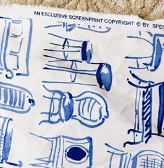 Vtg Spectrum Decorator Fabric 8 Yds Novelty Furniture Sketch Print Blue White