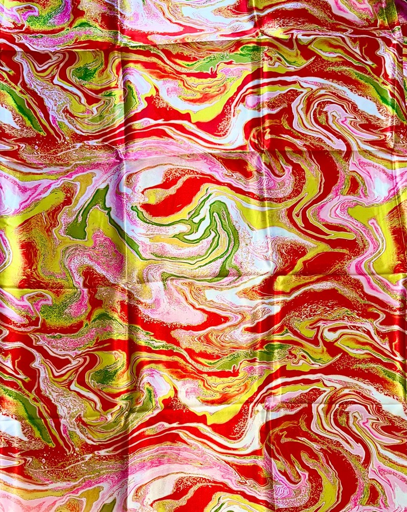 African Print, Satin Fabric – Red, Pink, Gold “Wasi Whirl”, Yard or Wholesale