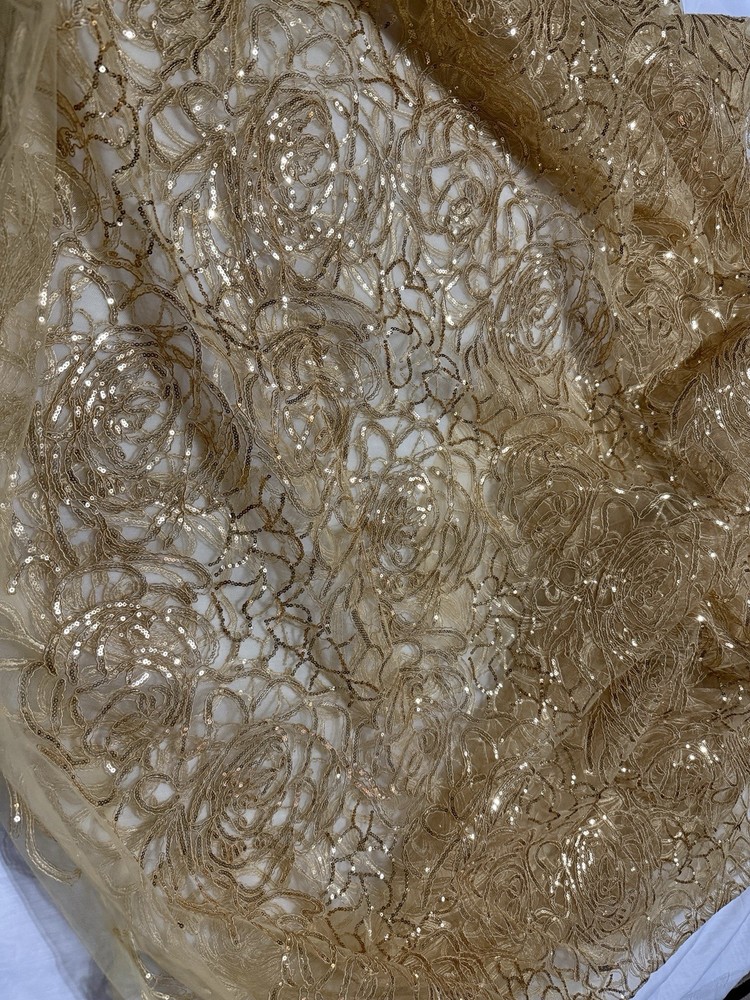 Sequins 3D Flower Embroidered Gold Tulle Fabric 3 YD + Piece Formal Bridal DIY
