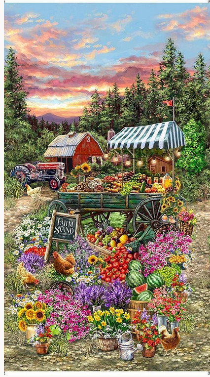 Farm Stand Fabric Panel 24″X44″ Tractor Flowers Cotton Timeless Treasures CD2590