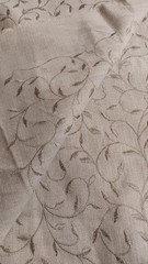 3+ sq. yds. Embroidered Linen Fabric, 84″ long x 56″ wide, Foliage, Taupe/Brown