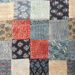 2.75 YDS Vintage Cotton Fabric Cheater Quilt Patchwork Blocks Blue Red Khaki