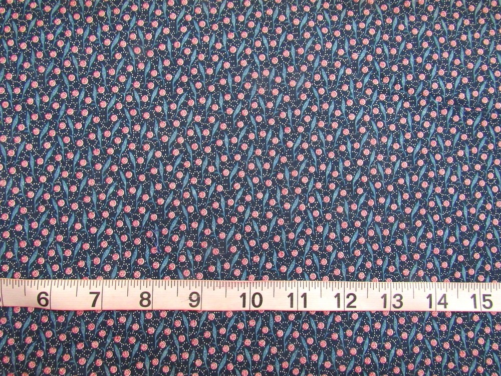 1 yd 100% Cotton Fabric Blue with Pink Circles, Blue Ribbons, Dotted Design