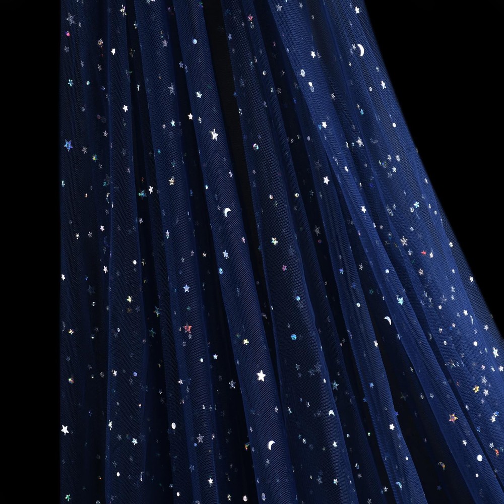 54 Inch X 8 Yards Glitter Tulle Fabric Rolls Laser Stars and Moon Tulle Rolls