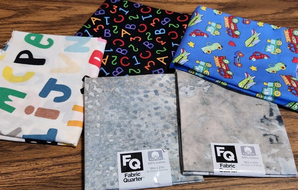 Fabric Remnant Lot Car Vehicles Letter Teacher Numbers Grey Stone Blue