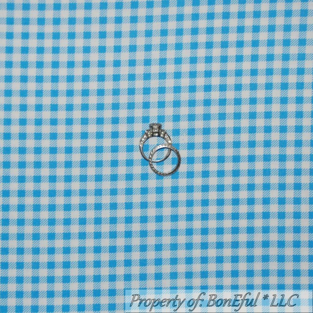 BonEful Fabric FQ Cotton Quilt Aqua Blue White Gingham Check Stripe Small Calico
