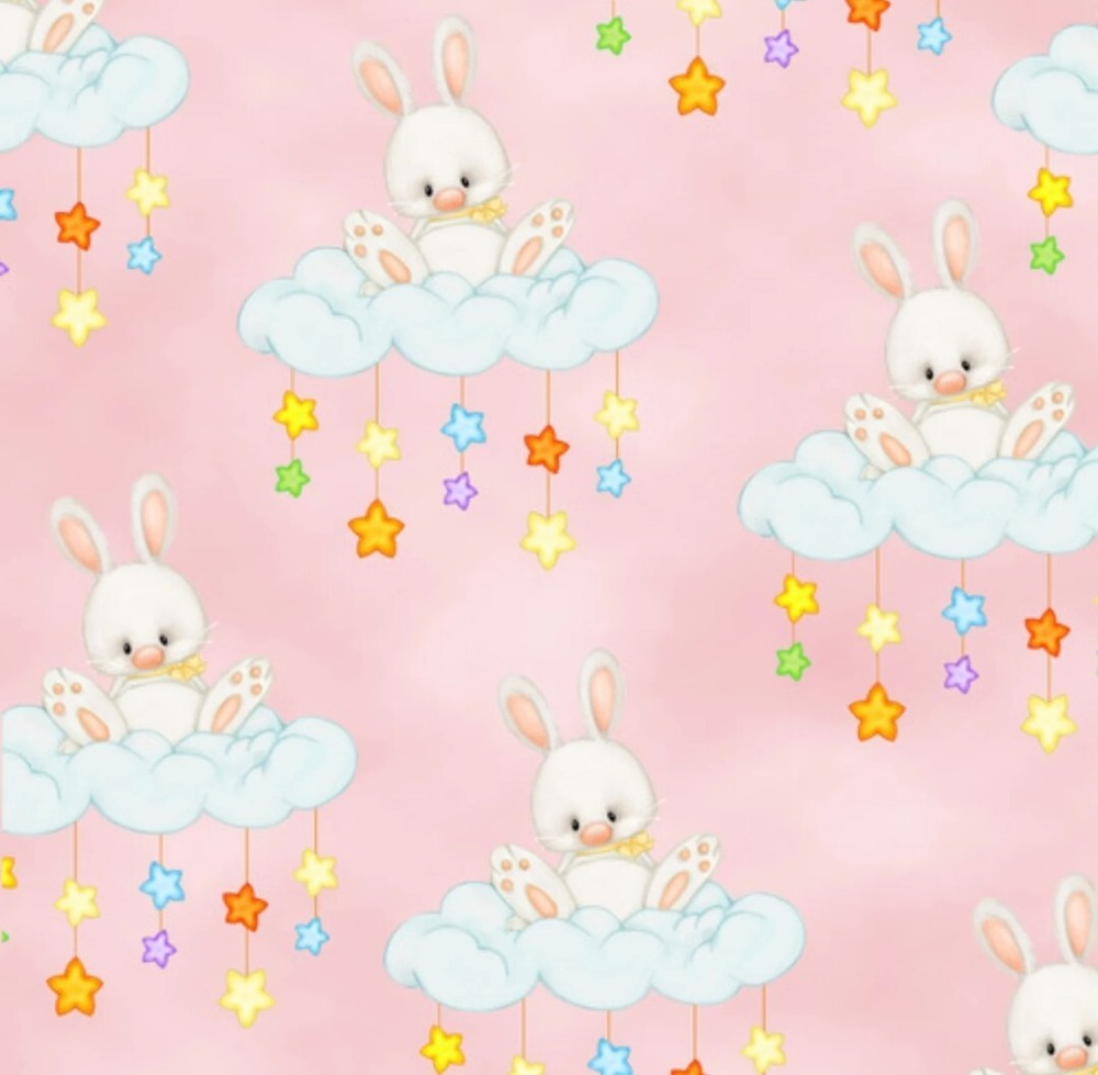 White Cloud Bunnies on Pink Comfy Cotton Flannel Fabric by the Yard