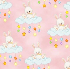 White Cloud Bunnies on Pink Comfy Cotton Flannel Fabric by the Yard