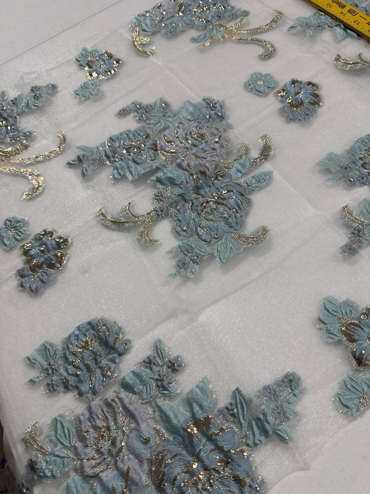Aqua Gold Embroidered Lace Fabric Sheer Mesh Floral Remnant 22×54