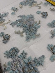 Aqua Gold Embroidered Lace Fabric Sheer Mesh Floral Remnant 22×54