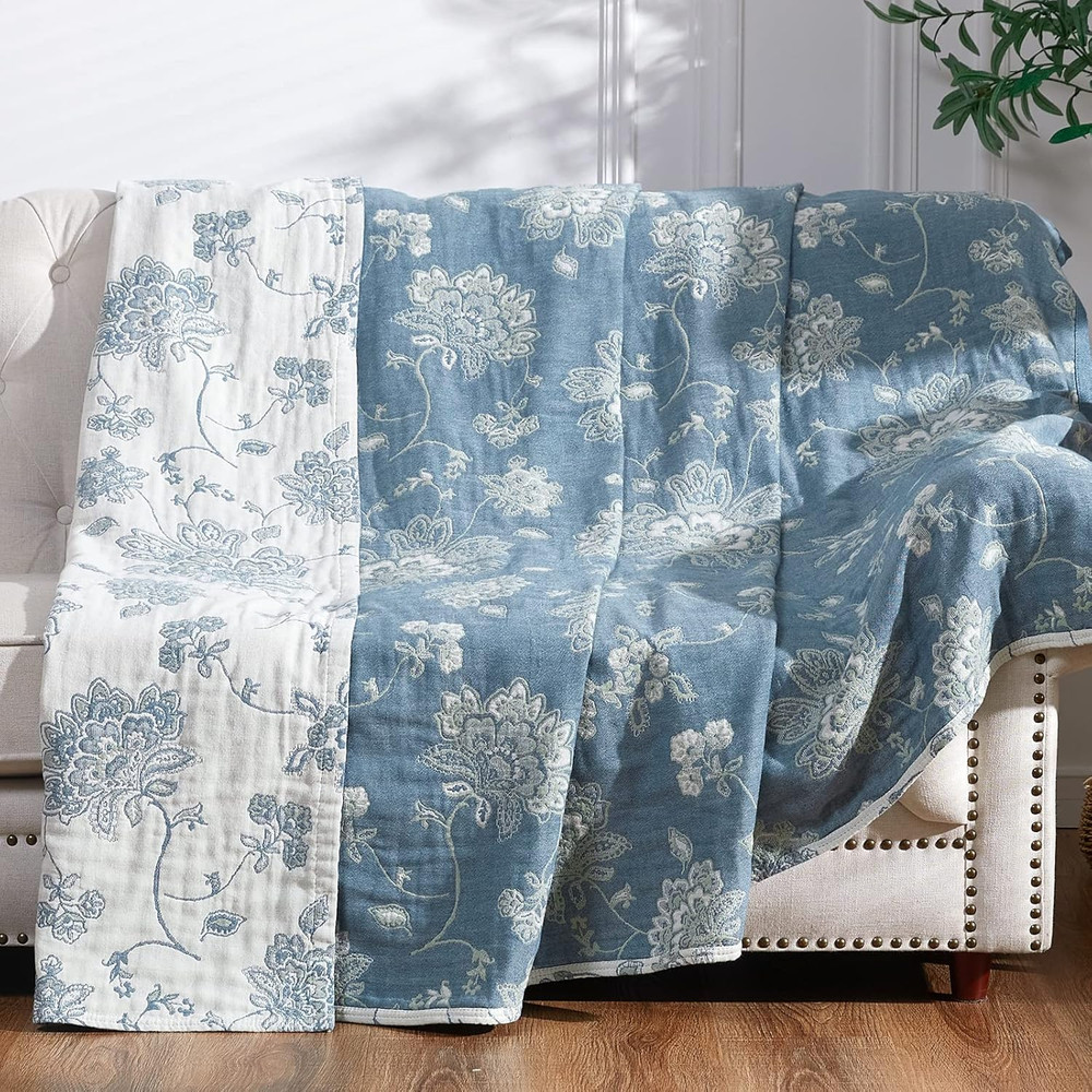 Boho 100% Cotton Muslin Twin Blanket 60×80 Soft Floral Reversible Throw