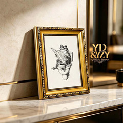 Gold Framed Funny Bathroom Frog Wall Art Canvas Frog on Toilet Reading Newspaper