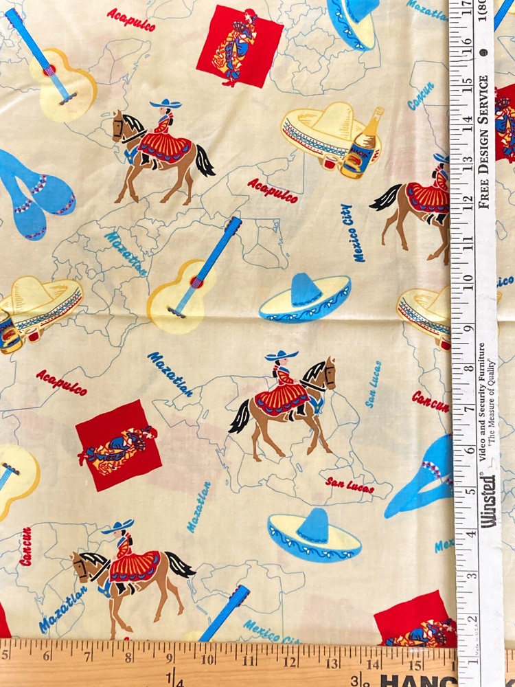 Vintage Fabric 4.2 Yards X 42″ Wide Cities in Mexico Toss Pattern New! 2 Pieces
