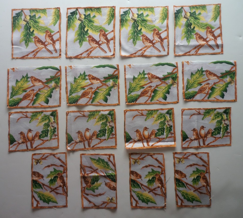 Fabric Pic B – Cotton 16 Squares – Birds Inside Wood Frames – Different Sizes