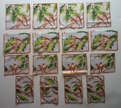Fabric Pic B – Cotton 16 Squares – Birds Inside Wood Frames – Different Sizes