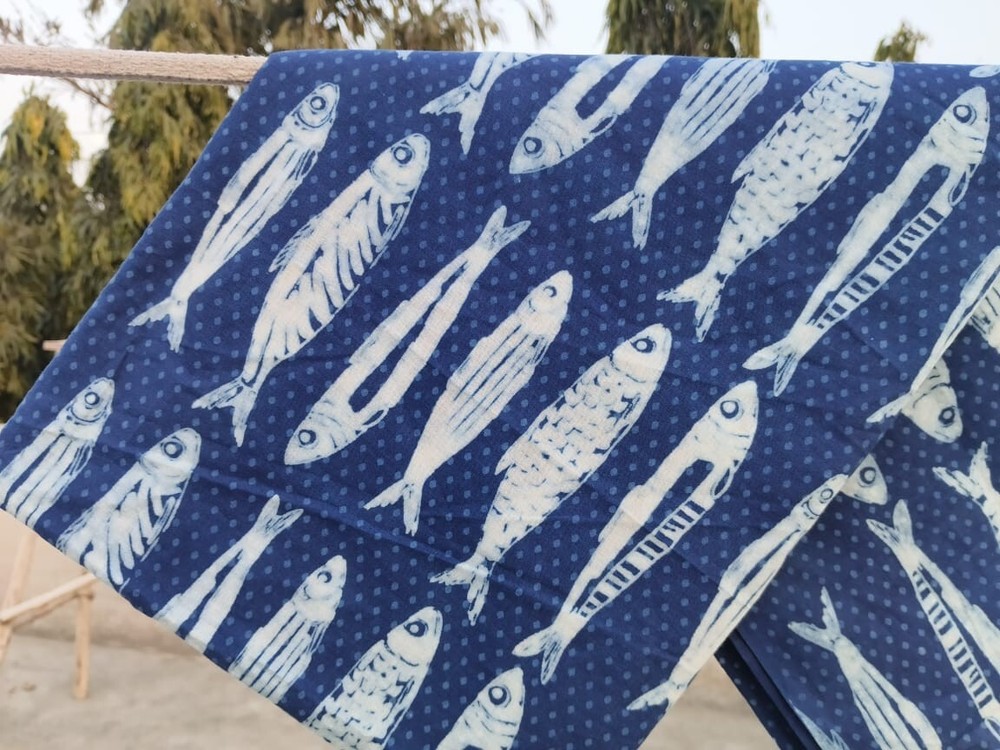 Indigo Blue Fish Hand Block Printed 100% Cotton Cloth, Dress Fabric by the Yard