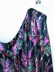 New 100% Silk Charmeuse Fabric Navy Purple Flower Per Yard