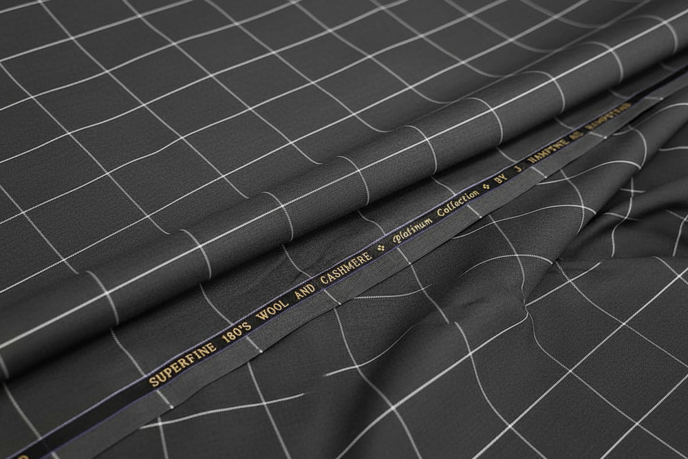 Gray in White Windowpane Checked Suiting Fabric Cashmere Wool