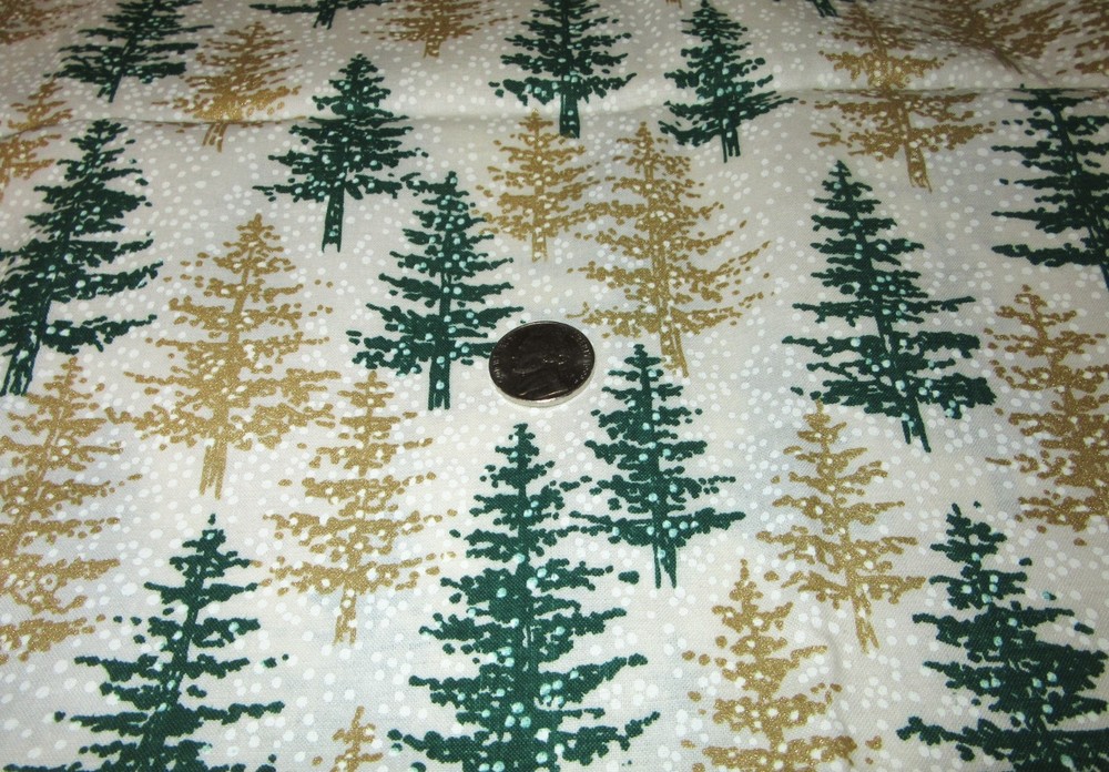 Vintage Sewing Fabric Christmas Trees Gold Metallic Accent 56″ x 44″