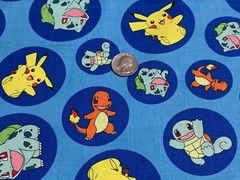 Fabric Pokemon Characters in Circles KAUFMAN Blue 1/4 Yard 7214