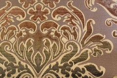 Damask medallion scroll upholstery material in taupe/brown/gold multi on taupe