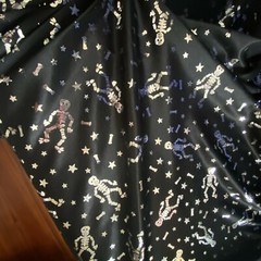 Halloween Fabric Skeletons Bones Stars on Black Silver Metallic Nylon Nice Drape