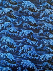 Japanese Hokusai style waves fabric, blue Oriental sea cotton, Kanagawa