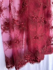 Dark Red Mesh Scalloped Lace French design embroidery Fabric W/ Mini 3D Flowers
