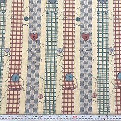 Vintage Sewing Theme Buttons Hearts Plaid Striped Cotton Fabric Remnant 23″x45″