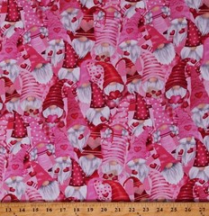 Cotton Love Hearts Gnomes Valentine’s Day Pink Fabric Print by Yard D379.72