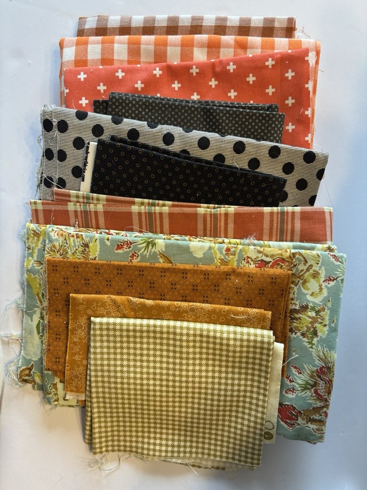 Fabric Scrap Assortment Plaids, Checks, Boyish, Cowboy, Dots, Orange Black Blue