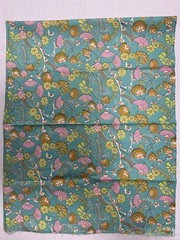 1970 Aqua Polyester Pinecone Fabric Orange Green Groovy Fan Shell 57” x 45”
