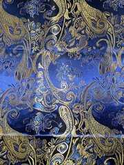 Blue, Gold & Dark Blue 1/2 Yd 36” Wide Silk Brocade Fabric