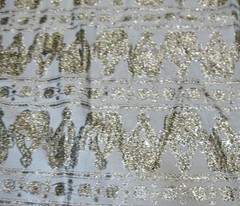 vintage 2-1/2 yd METALLIC & Cotton (?) FABRIC Gold & Silver on Cream 43″w. washd