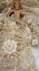 Champagne Gold Hand-Beaded Lace Fabric with 3D Floral Flowers on Mesh – Sold by